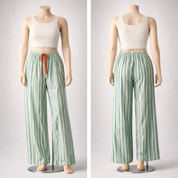 Pants - Striped Wide-Leg Drawstring Pants in Light Green